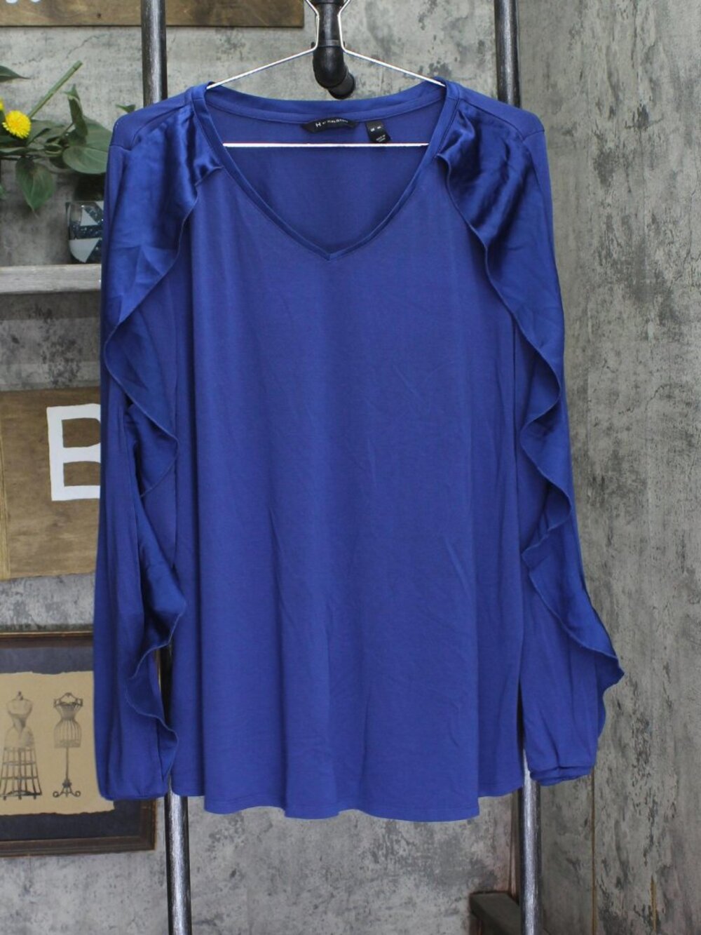 Halston Blue H By V Neck Top W Overlap Sleeve Detail Cold Shoulder Xl Sz XL
